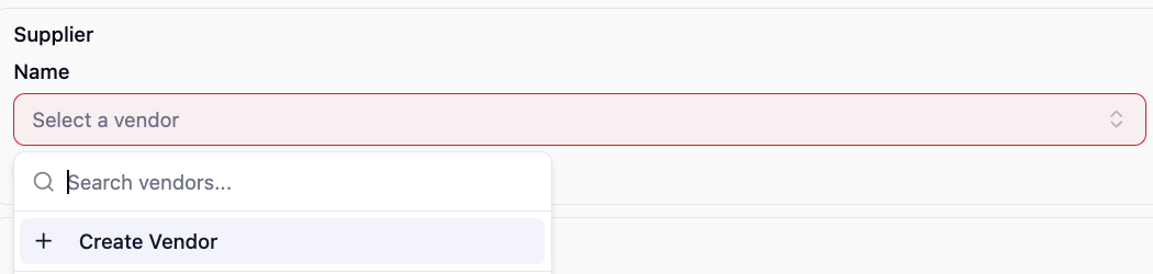 Vendor dropdown in Pulsify showing the Create Vendor option for new suppliers