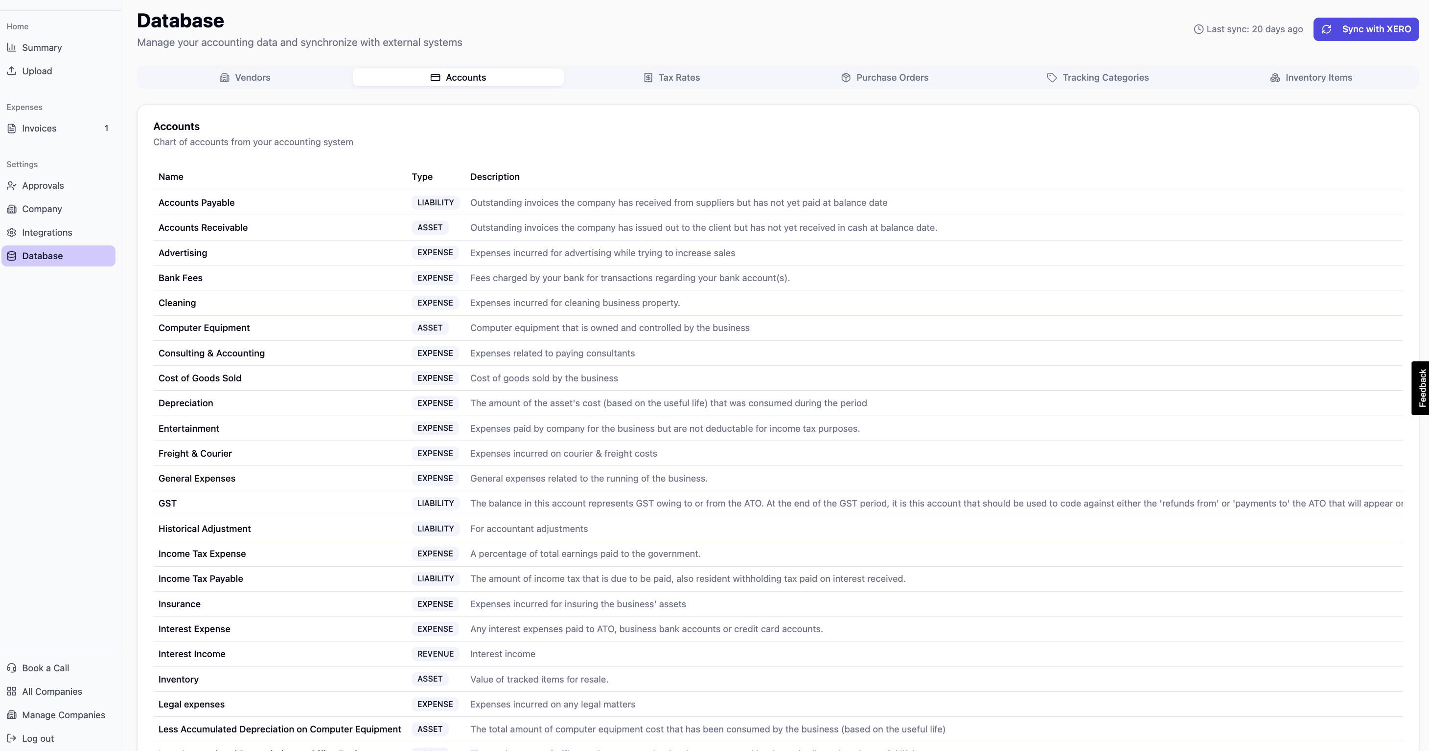 Pulsify database screen showing synced accounts, vendors, tax rates, purchase orders, tracking categories, and inventory items from Xero