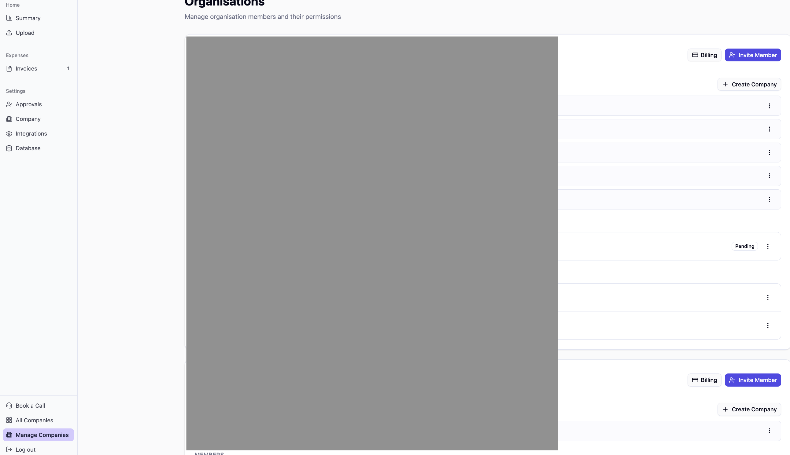 Invite Member screen in Pulsify showing the Manage Companies page with Invite Member button