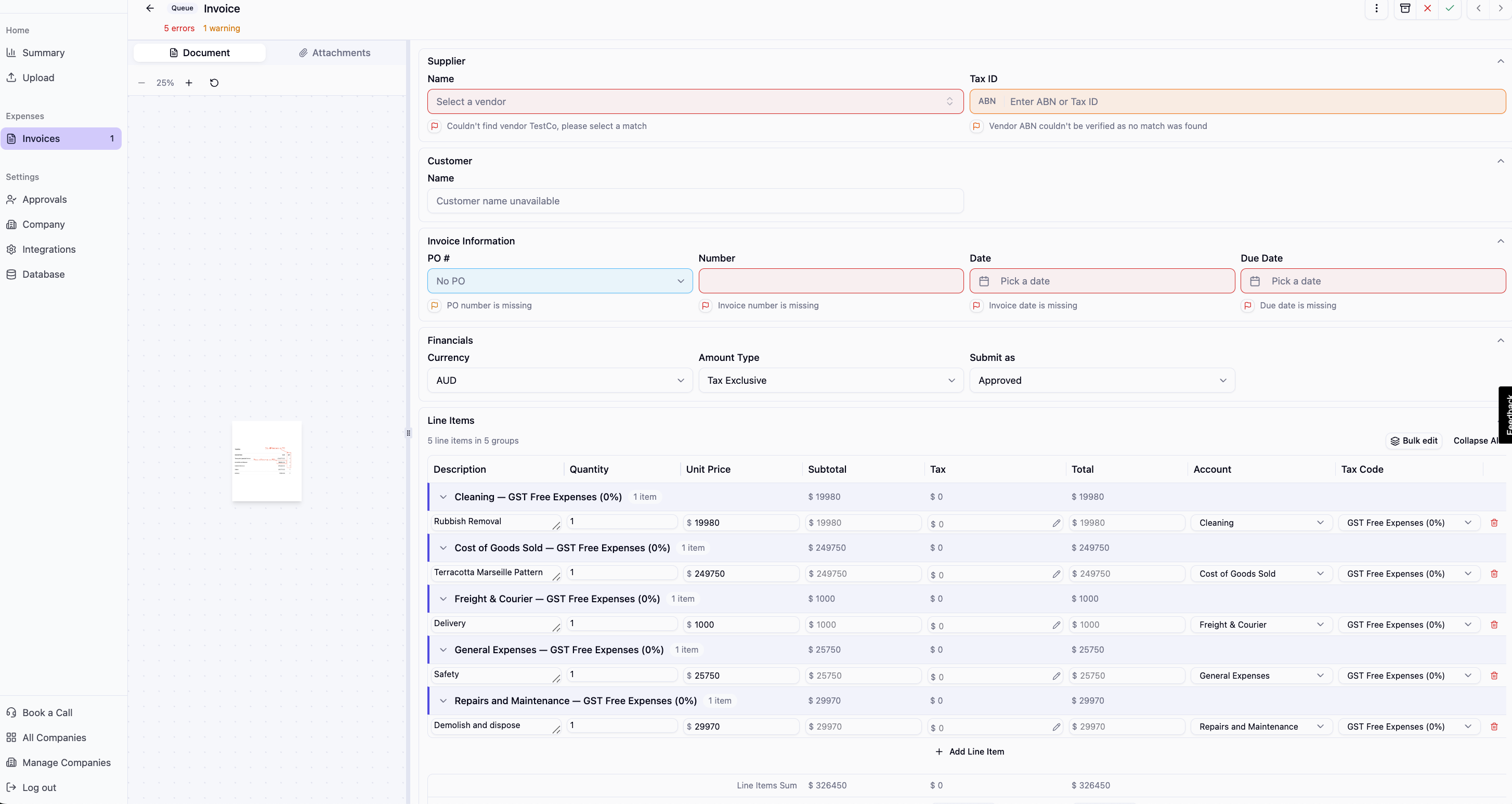 Pulsify invoice review interface showing document preview, extracted fields with colour-coded risk indicators, and line items