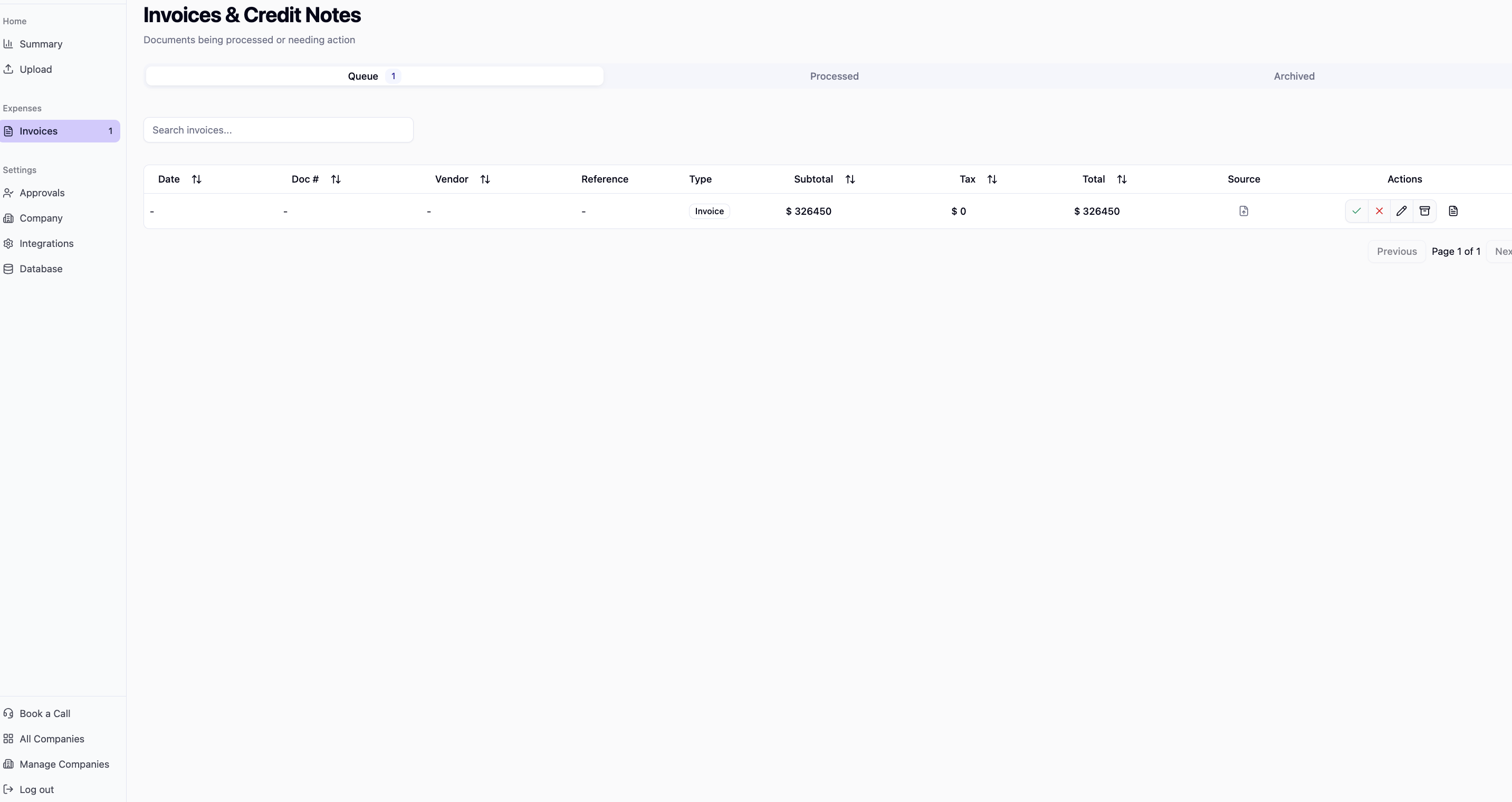 Pulsify invoices dashboard showing queue, processed, and archived tabs with invoice details