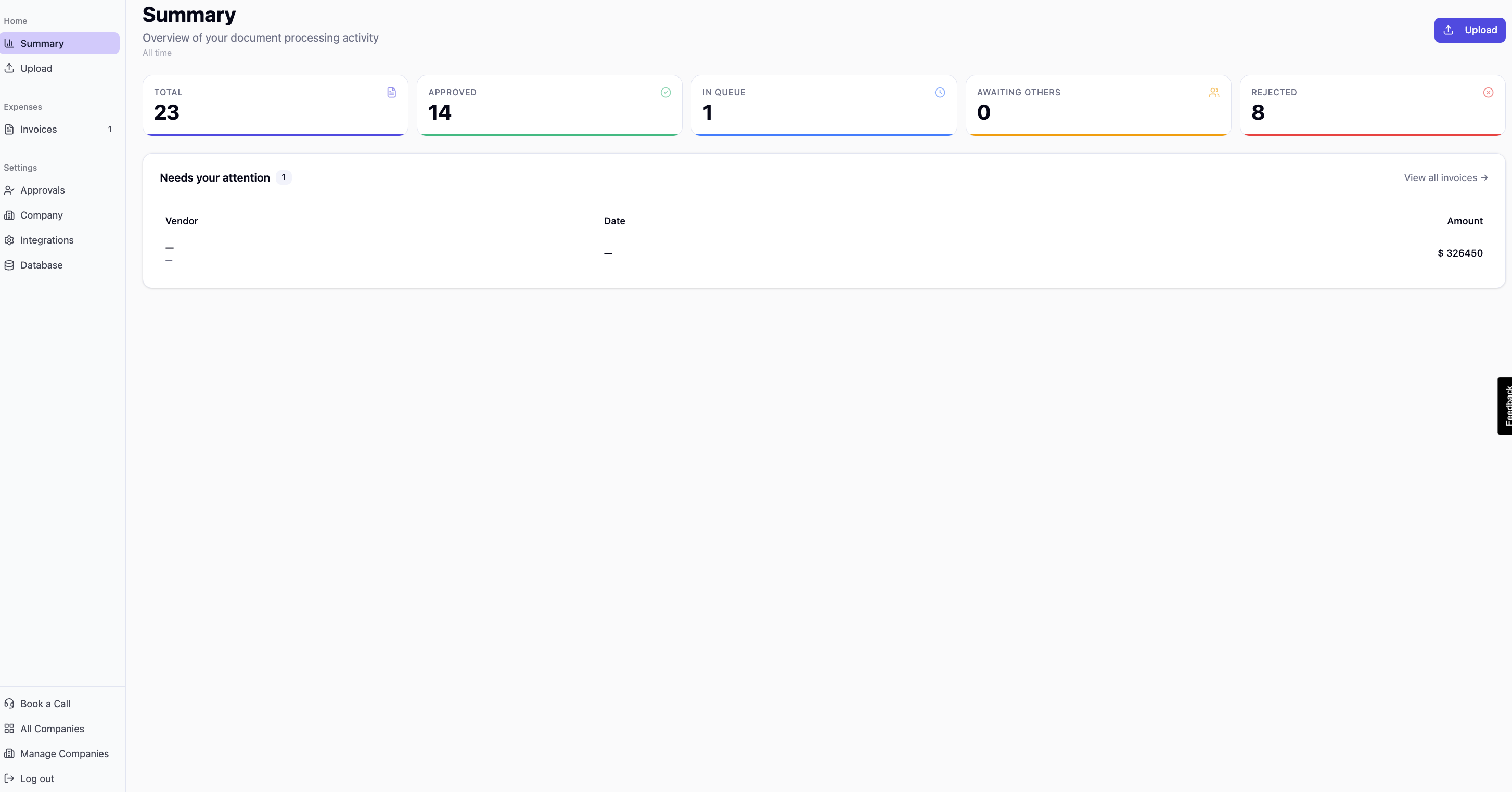 Pulsify summary dashboard showing total, approved, in queue, awaiting others, and rejected invoice counts