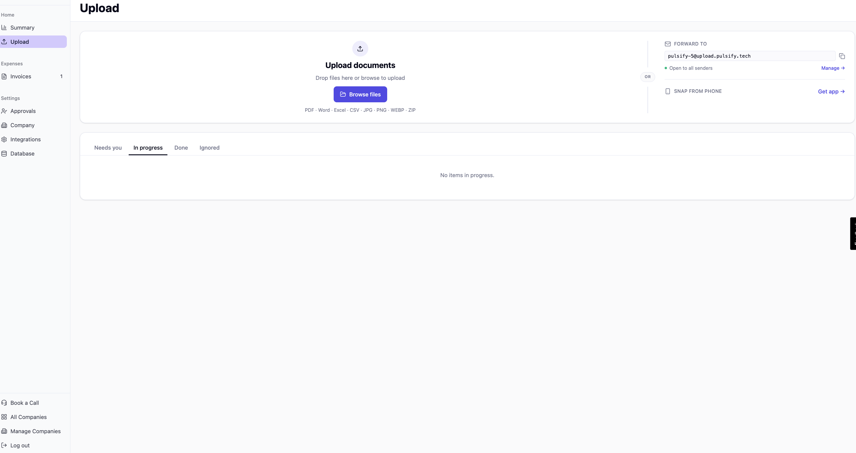 Pulsify upload screen with drag-and-drop area, email forwarding address, and mobile app option
